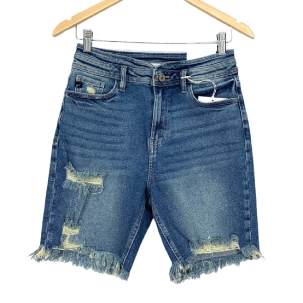 Kancan High Rise Distressed Denim Raw Fringe Hem Bermuda Jean Shorts Size 7/27